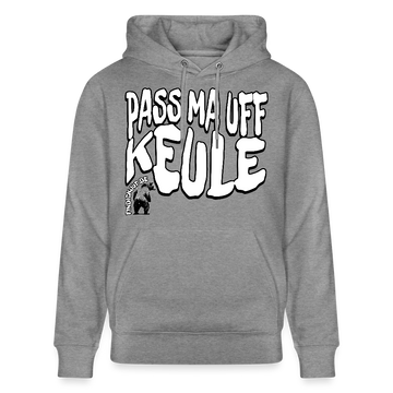 Grauer marmorierter Bio unisex Hoodie mit weissem auffälligem „PASS MA UFF KEULE“-Brustprint im Berliner Schnauze Stil und Bär-Logo von findickjut.de