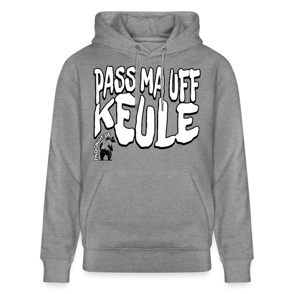 Grauer marmorierter Bio unisex Hoodie mit weissem auffälligem „PASS MA UFF KEULE“-Brustprint im Berliner Schnauze Stil und Bär-Logo von findickjut.de