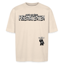 Weit geschnittenes Unisex T-Shirt mit breitem Stehkragen und dem Print „MACH MA KEENE FISEMATENTEN“ in Berliner Schnauze. Das T-Shirt hat überschnittene Ärmel im Oversized-Look, 1x1 Rippstrick am Ausschnitt und abgesetztes Nackenband. - Naturweiß
