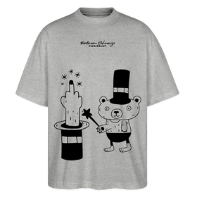 Grau meliertes Oversized Berlin Shirt mit schwarzem „OHNE WORTE“-Design, Zauberhut, ausgestrecktem Mittelfinger und kleinem Bären als Magier.