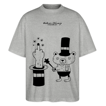 Grau meliertes Oversized Berlin Shirt mit schwarzem „OHNE WORTE“-Design, Zauberhut, ausgestrecktem Mittelfinger und kleinem Bären als Magier.