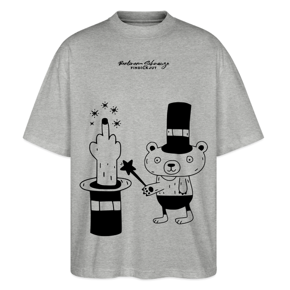 Grau meliertes Oversized Berlin Shirt mit schwarzem „OHNE WORTE“-Design, Zauberhut, ausgestrecktem Mittelfinger und kleinem Bären als Magier.