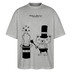 Grau meliertes Oversized Berlin Shirt mit schwarzem „OHNE WORTE“-Design, Zauberhut, ausgestrecktem Mittelfinger und kleinem Bären als Magier.