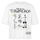Sommer in Berlin-Frauen Boxy Bio-T-Shirt - Weiß-Illustration auf dem weit geschnittenen und leicht verkürztem T-Shirt mit dem Schriftzug „Dit is’n Träumchen“ und „Sommer 2025 findickjut“. Gezeigt werden verschiedene Berliner Sommeraktivitäten wie Eis essen, Yoga, Radfahren, Hund ausführen, Sonnenbaden und Sandburgen bauen – alles im lockeren Comicstil auf liniertes Papier gezeichnet.