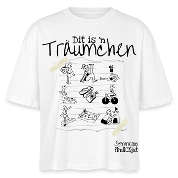 Sommer in Berlin-Frauen Boxy Bio-T-Shirt - Weiß-Illustration auf dem weit geschnittenen und leicht verkürztem T-Shirt mit dem Schriftzug „Dit is’n Träumchen“ und „Sommer 2025 findickjut“. Gezeigt werden verschiedene Berliner Sommeraktivitäten wie Eis essen, Yoga, Radfahren, Hund ausführen, Sonnenbaden und Sandburgen bauen – alles im lockeren Comicstil auf liniertes Papier gezeichnet.