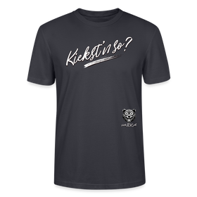 weisser Handgezeichneter Schriftzug "Kiekst'n so?" in schwungvoller Schreibschrift - typisch Berliner Spruch auf T-Shirt- Dunkles Graublau
