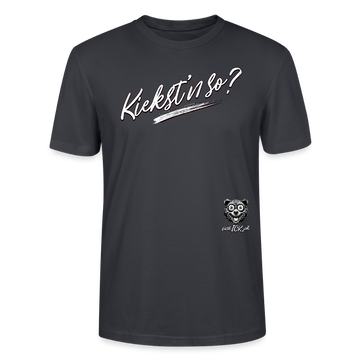 weisser Handgezeichneter Schriftzug "Kiekst'n so?" in schwungvoller Schreibschrift - typisch Berliner Spruch auf T-Shirt- Dunkles Graublau