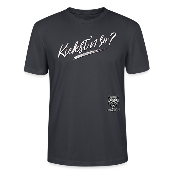 weisser Handgezeichneter Schriftzug "Kiekst'n so?" in schwungvoller Schreibschrift - typisch Berliner Spruch auf T-Shirt- Dunkles Graublau
