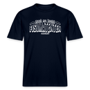 Berliner Spruch-MACH MA KEENE FISIMATENTEN-RELAXED FIT Unisex BIO T-Shirt  - weisser Print auf Navyfarbenen Stoff