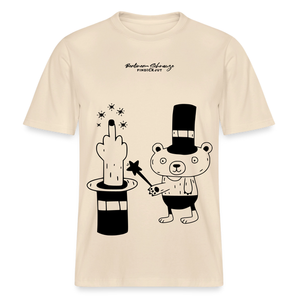Lockeres Relaxed Fit Berlin Shirt „OHNE WORTE“ aus Bio-Baumwolle mit schwarzem Print: der Berliner Bär als doodleartige Zeichnung, der mit seinem Zauberstab einen Mittelfinger aus einem Zylinderhut hervorzaubert. - Natur
