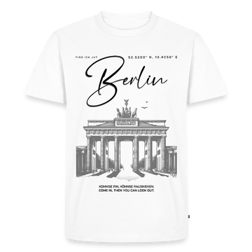 Berlin Shirt-Schriftzug 'Berlin in schwarzer Schreibschrift über der Brust-darunter das Brandenburger Tor als dunkelgraue Illustration-ganz unten steht 'KOMMSE RIN, KÖNNSE RAUSKIEKEN-Männer Premium bio T-Shirt - Weiß