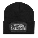 Berliner Schnauze-MACH MA KEENE FISIMATENTEN-StrickBeanie - Schwarz-BaumwollPatch mit weissem Spruch