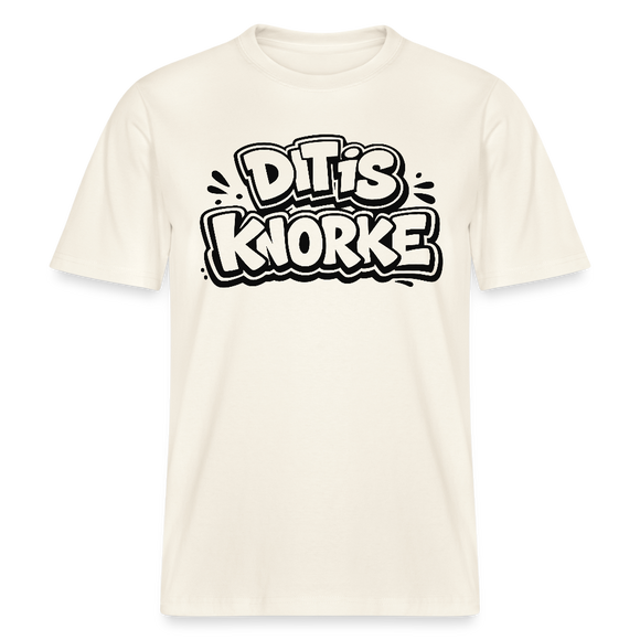Berliner Spruch „DIT IS KNORKE“ – typografisches Statement-Design in schwarzem Outline-Comic-Style-auf lockerem unisex T-Shirt-100% Bio Baumwolle-naturweiss
