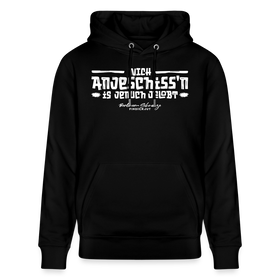 Berliner Spruch-NICH ANJESCHISSN is jenuch jelobt-Unisex Bio-Hoodie mit Berliner Schnauze - weisser Print auf Schwarzer Bio Baumwolle