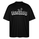 weisser Brust-Print im Cartoon-Style- Schriftzug 'FLITZPIEPE'- darüber lustige Vogelillustration-Oversized Unisex Bio T-Shirt - Schwarz