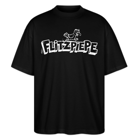 weisser Brust-Print im Cartoon-Style- Schriftzug 'FLITZPIEPE'- darüber lustige Vogelillustration-Oversized Unisex Bio T-Shirt - Schwarz