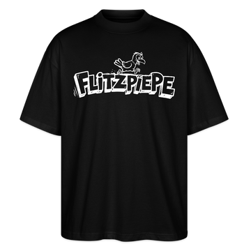 weisser Brust-Print im Cartoon-Style- Schriftzug 'FLITZPIEPE'- darüber lustige Vogelillustration-Oversized Unisex Bio T-Shirt - Schwarz
