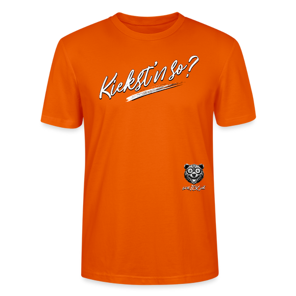 weisser Handgezeichneter Schriftzug "Kiekst'n so?" in schwungvoller Schreibschrift - typisch Berliner Spruch auf T-Shirt - Tieforange