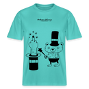 Lockeres Relaxed Fit Berlin Shirt „OHNE WORTE“ aus Bio-Baumwolle mit schwarzem Print: der Berliner Bär als doodleartige Zeichnung, der mit seinem Zauberstab einen Mittelfinger aus einem Zylinderhut hervorzaubert. - Poolblau