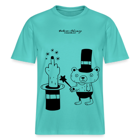 Lockeres Relaxed Fit Berlin Shirt „OHNE WORTE“ aus Bio-Baumwolle mit schwarzem Print: der Berliner Bär als doodleartige Zeichnung, der mit seinem Zauberstab einen Mittelfinger aus einem Zylinderhut hervorzaubert. - Poolblau