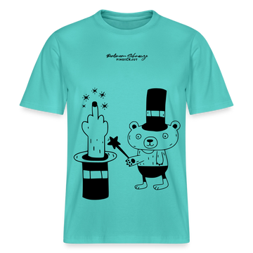 Lockeres Relaxed Fit Berlin Shirt „OHNE WORTE“ aus Bio-Baumwolle mit schwarzem Print: der Berliner Bär als doodleartige Zeichnung, der mit seinem Zauberstab einen Mittelfinger aus einem Zylinderhut hervorzaubert. - Poolblau