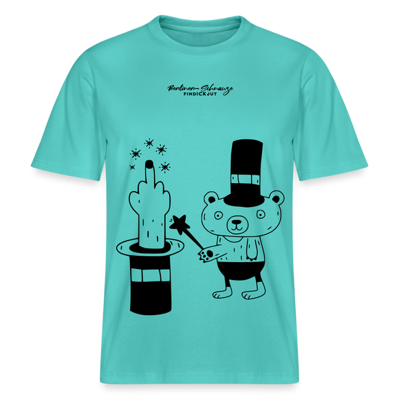 Lockeres Relaxed Fit Berlin Shirt „OHNE WORTE“ aus Bio-Baumwolle mit schwarzem Print: der Berliner Bär als doodleartige Zeichnung, der mit seinem Zauberstab einen Mittelfinger aus einem Zylinderhut hervorzaubert. - Poolblau