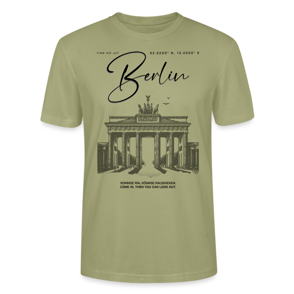 leichtes Unisex T-Shirt mit großem 'Berlin' Print und Brandenburger Tor Illustration, ideal für Fans der Hauptstadt." - Nebelgrün