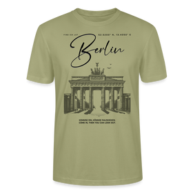 leichtes Unisex T-Shirt mit großem 'Berlin' Print und Brandenburger Tor Illustration, ideal für Fans der Hauptstadt." - Nebelgrün
