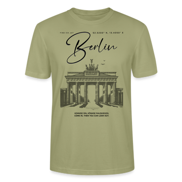 leichtes Unisex T-Shirt mit großem 'Berlin' Print und Brandenburger Tor Illustration, ideal für Fans der Hauptstadt." - Nebelgrün