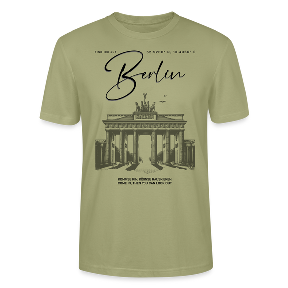 leichtes Unisex T-Shirt mit großem 'Berlin' Print und Brandenburger Tor Illustration, ideal für Fans der Hauptstadt." - Nebelgrün