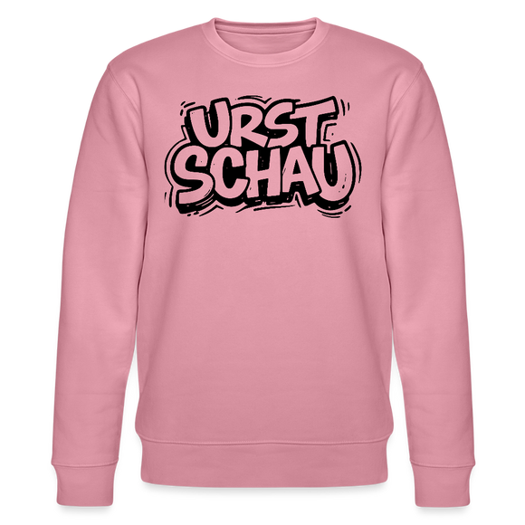 rosa farbener Bio Unisex Sweater mit schwarzem Letter-Print „URST SCHAU“ – berliner ostalgie & berliner schnauze Statement, reguläre Passform.