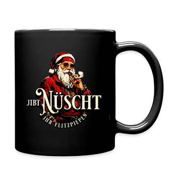 schwarze-Weihnachtstasse mit Berliner Spruch „JIBT NÜSCHT IHR FLITZPIEPEN“ und Weihnachtsmann-Motiv – perfekte Geschenkidee für Berliner Originale. Henkel rechts