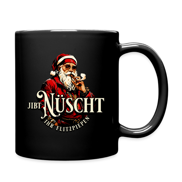 schwarze-Weihnachtstasse mit Berliner Spruch „JIBT NÜSCHT IHR FLITZPIEPEN“ und Weihnachtsmann-Motiv – perfekte Geschenkidee für Berliner Originale. Henkel rechts