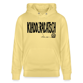 hellgelber Unisex Bio Hoodie mit großem KLADDERADATSCH Schriftzug im Berliner Schnauze Design, gerade geschnitten, schwarzer Aufdruck auf der Vorderseite. 