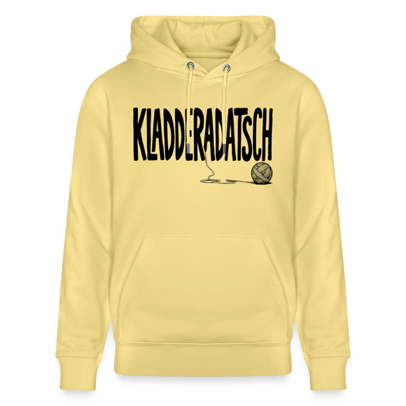 hellgelber Unisex Bio Hoodie mit großem KLADDERADATSCH Schriftzug im Berliner Schnauze Design, gerade geschnitten, schwarzer Aufdruck auf der Vorderseite. 