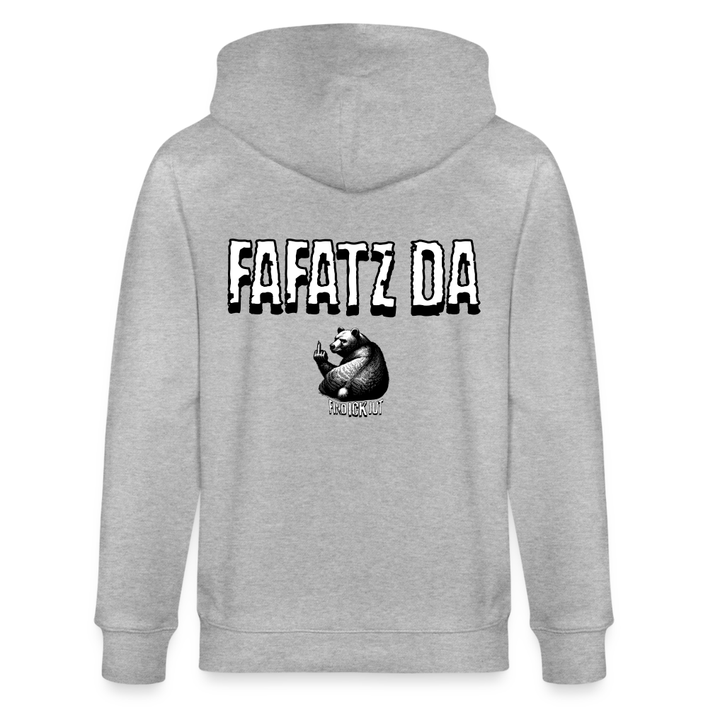 Unisex Kapuzenjacke mit Statement in Berliner Schnauze :„FAFATZ DA“ , doppelter Kapuze, Metallreißverschluss und Kängurutaschen, aus 100% biologischer Baumwolle. - Grau meliert