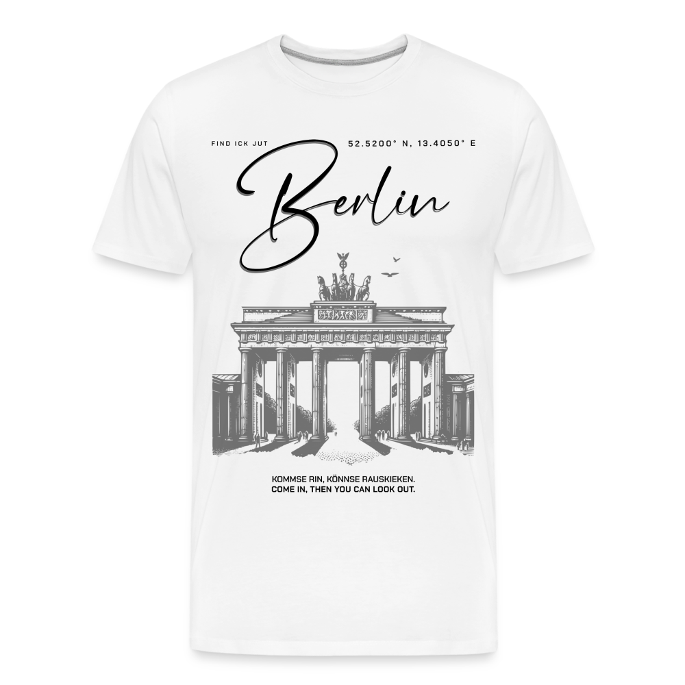 Bio Männer T-Shirt mit großem Berlin-Print und Brandenburger Tor Illustration über die gesamte Front– nachhaltig und fair produziert. - Weiß - Weiß