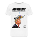 weißes T-Shirt mit der Aufschrift "#FCKTRUMP". Darunter in ehrlicher Berliner Schnauze:"Ey Keule, brennt dir der Helm?Ick gloobe,  deinem Oberstübchen fehlt Wasser?!" und einer Illustration dieses gelb-blonden Mannes, mit Blumen, die aus seinem Kopf wachsen-