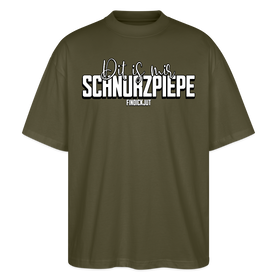 Berliner Spruch als weisser Print -Dit is mir SCHNURZPIEPE- auf Oversized Unisex Bio T-Shirt - Khaki