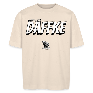schwarz/weisser Brustprint „EINFACH AUS DAFFKE“ -Unisex T-Shirt- Weit geschnitten, mit breitem Stehkragen und überschnittenen Ärmeln im Oversized-Look. Aus 100% Bio-Baumwolle, mit stabilem Stoff und stylischem Berliner Print.- Naturweiß
