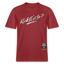 weisser Handschriftlich gestalteter Schriftzug „Kiekst’n so?“ im Stil der Berliner Schnauze- auf relaxed fit geschnittenem Bio unisex shirt- Erdrot