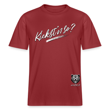 weisser Handschriftlich gestalteter Schriftzug „Kiekst’n so?“ im Stil der Berliner Schnauze- auf relaxed fit geschnittenem Bio unisex shirt- Erdrot