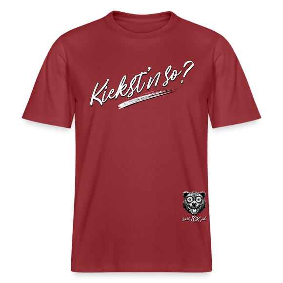 weisser Handschriftlich gestalteter Schriftzug „Kiekst’n so?“ im Stil der Berliner Schnauze- auf relaxed fit geschnittenem Bio unisex shirt- Erdrot