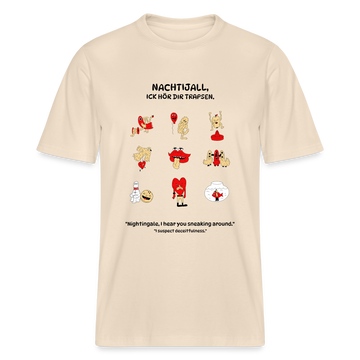 T-Shirt mit "Nachtijall ick hör dir trapsen"-Design und 9 skurrilen Figuren. Locker geschnitten, aus 100% Bio-Baumwolle, mit stabiler, weicher Stoffdichte (215 g/m²).-Shirt - Naturweiß