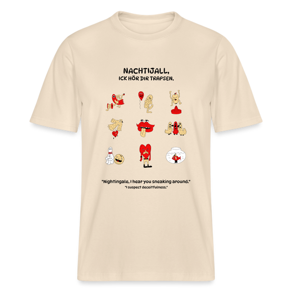 T-Shirt mit "Nachtijall ick hör dir trapsen"-Design und 9 skurrilen Figuren. Locker geschnitten, aus 100% Bio-Baumwolle, mit stabiler, weicher Stoffdichte (215 g/m²).-Shirt - Naturweiß