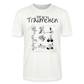Sommer in Berlin-Unisex T-Shirt Bio - Weiß-Illustration auf einem T-Shirt mit dem Schriftzug „Dit is ’n Träumchen“. Darunter sind gezeichnete neun Szenen vom Berliner Sommer: Menschen beim Sonnen, Radfahren, Eis essen, Yoga, mit Hund spazieren, Sandburg bauen und Stand-up-Paddling. Unten steht „Sommer 2025 findICKjut“. Das Design wirkt handgezeichnet und lebensfroh.