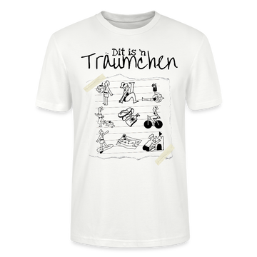 Sommer in Berlin-Unisex T-Shirt Bio - Weiß-Illustration auf einem T-Shirt mit dem Schriftzug „Dit is ’n Träumchen“. Darunter sind gezeichnete neun Szenen vom Berliner Sommer: Menschen beim Sonnen, Radfahren, Eis essen, Yoga, mit Hund spazieren, Sandburg bauen und Stand-up-Paddling. Unten steht „Sommer 2025 findICKjut“. Das Design wirkt handgezeichnet und lebensfroh.