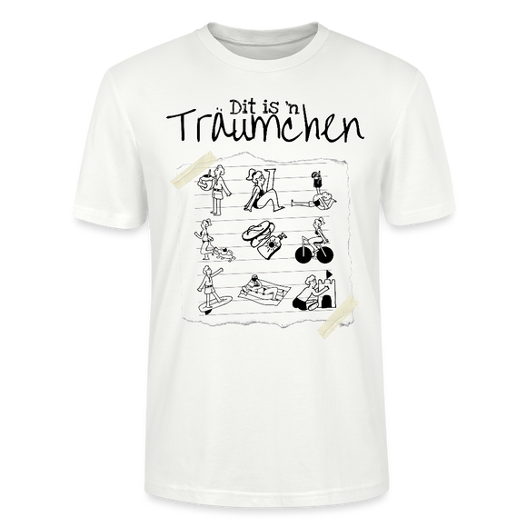 Sommer in Berlin-Unisex T-Shirt Bio - Weiß-Illustration auf einem T-Shirt mit dem Schriftzug „Dit is ’n Träumchen“. Darunter sind gezeichnete neun Szenen vom Berliner Sommer: Menschen beim Sonnen, Radfahren, Eis essen, Yoga, mit Hund spazieren, Sandburg bauen und Stand-up-Paddling. Unten steht „Sommer 2025 findICKjut“. Das Design wirkt handgezeichnet und lebensfroh.