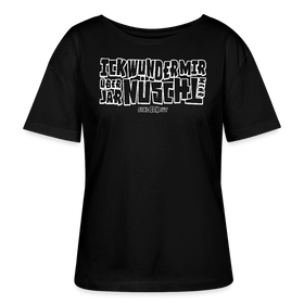 Berliner Spruch-ICK WUNDER MIR ÜBER JAR NÜSCHT MEHR-Rundhals Frauen Bio-T-Shirt - weisser gerahmter Print auf Schwarzem Stoff
