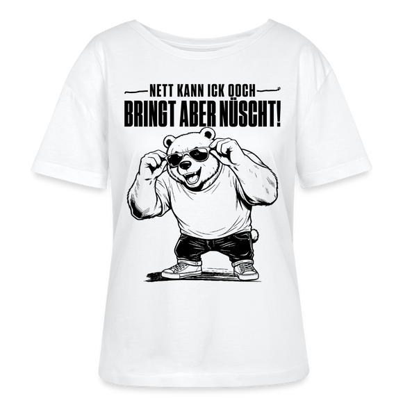 Weißes sommerlich leichtes Frauen Bio-T‑Shirt mit lockerem Rundhalsausschnitt und dem Berliner Bär mit Sonnenbrille sowie dem Spruch „Nett kann ick ooch – bringt aber nüscht" als Frontprint.